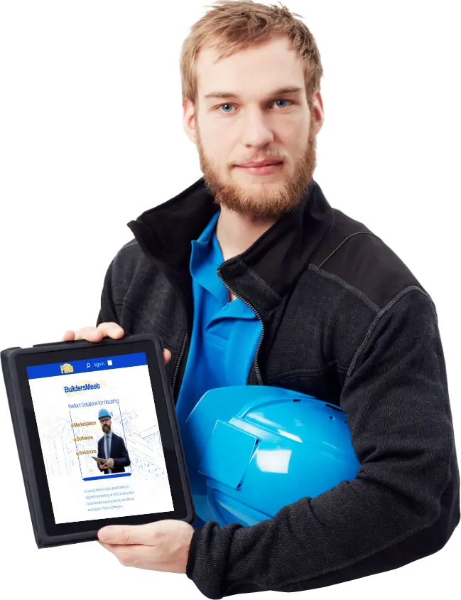 Construction worker with helmet and iPad, displaying BuildersMeet homepage