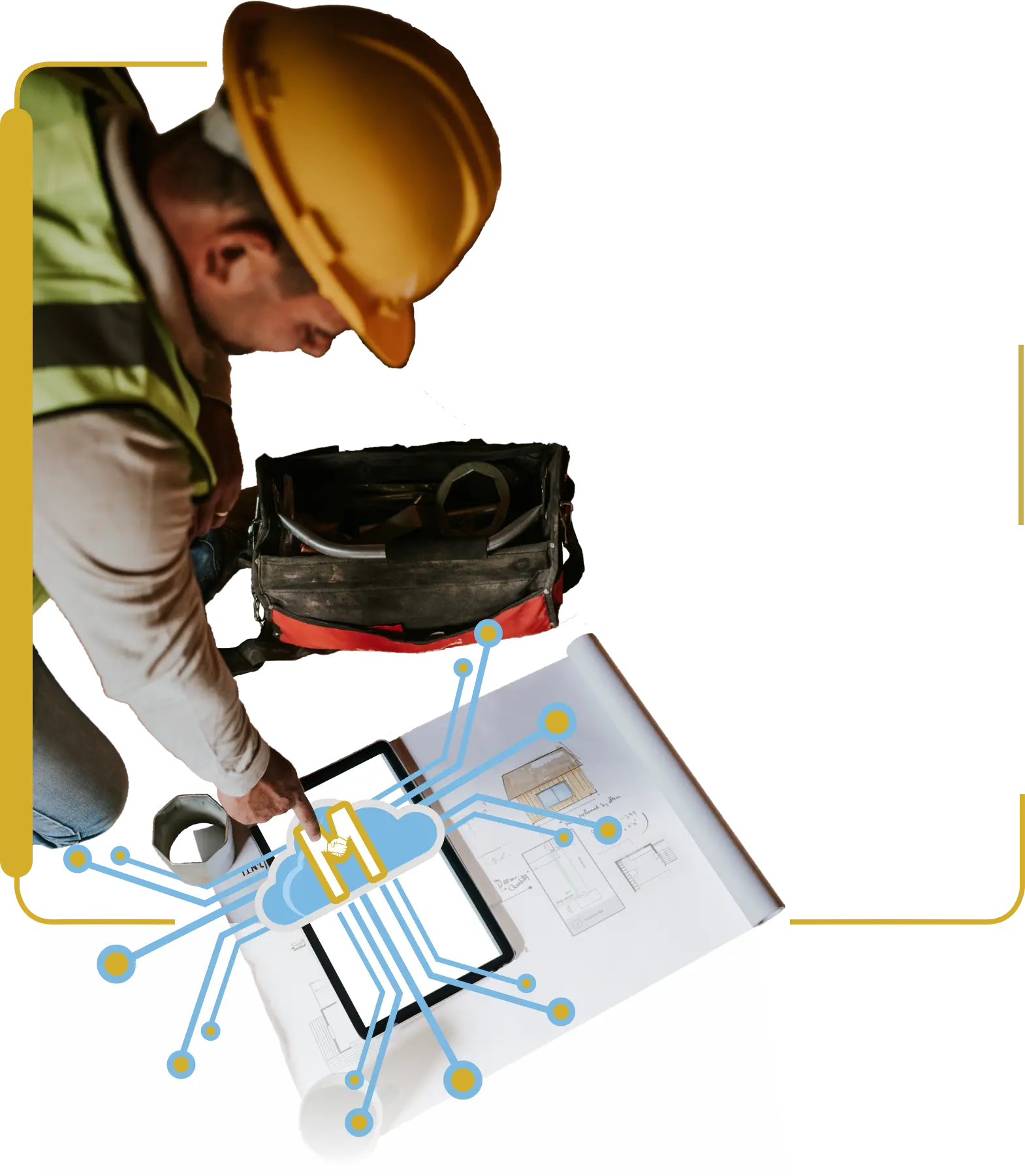 Construction worker interacting with BuildersMeet AI Consultant app on a device