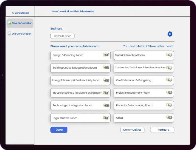 Screen capture of BuildersMeet AI Consultation software showcasing various consultation rooms for builders