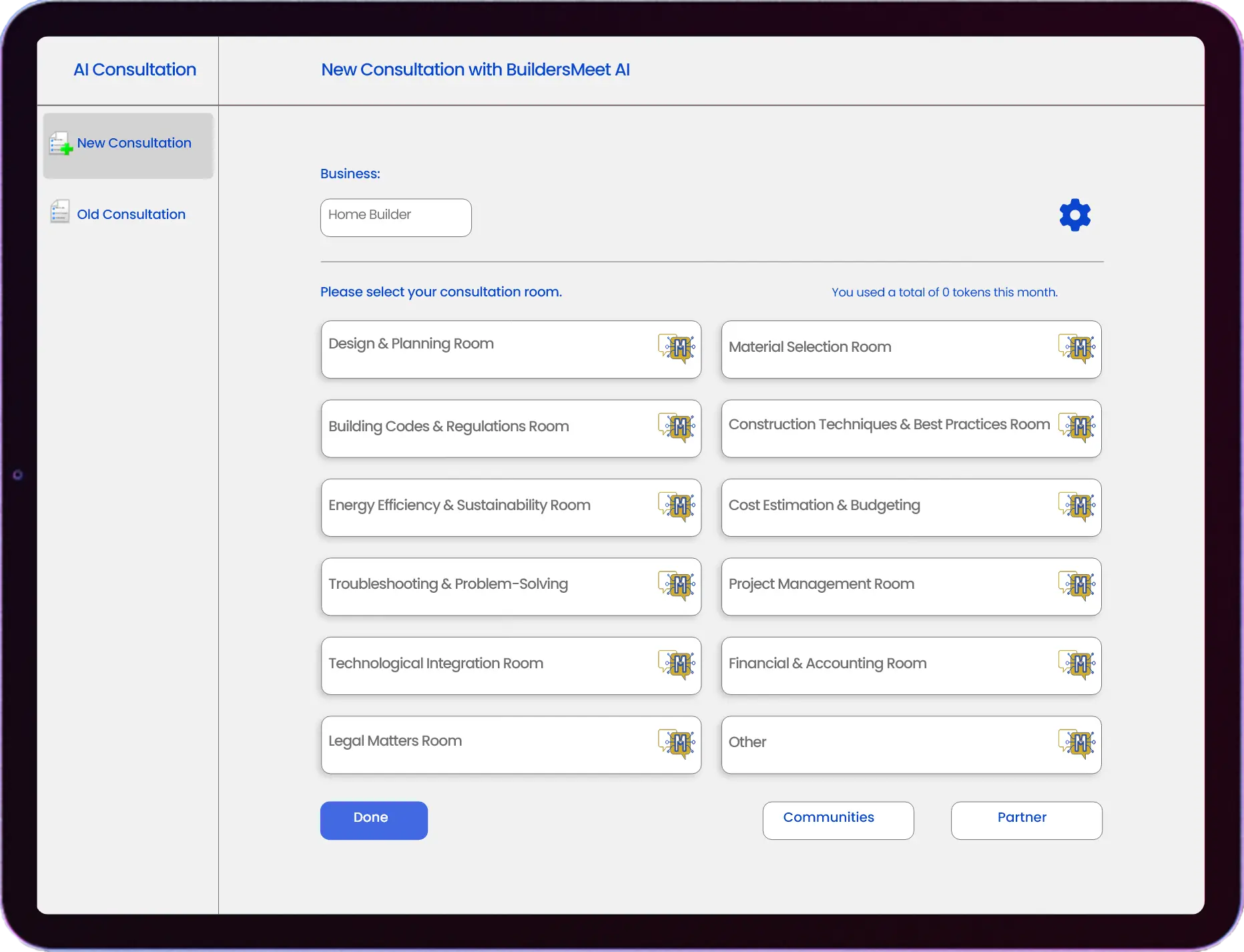 Screen capture of BuildersMeet AI Consultation software showcasing various consultation rooms for builders