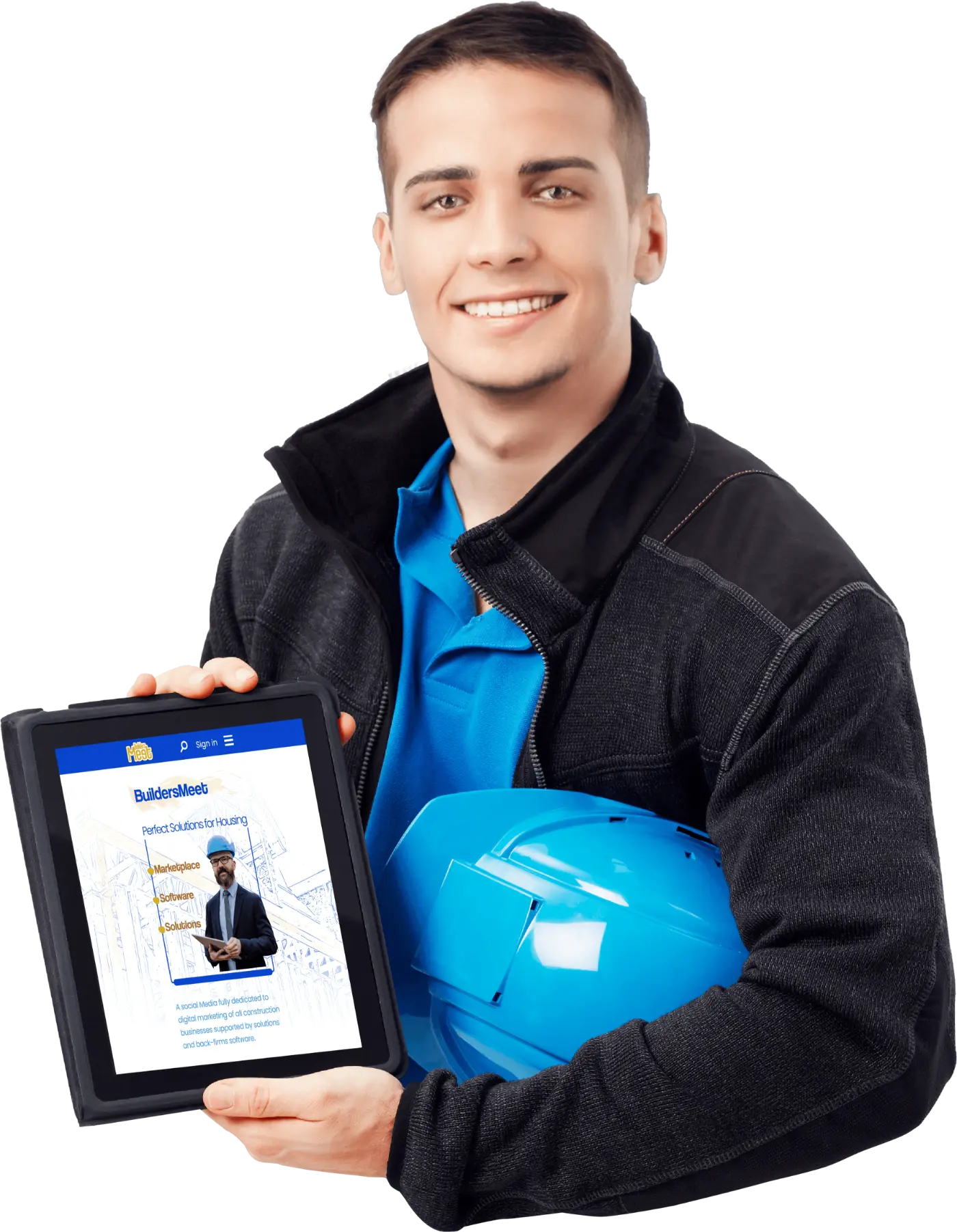 Construction worker with helmet and iPad, displaying BuildersMeet homepage